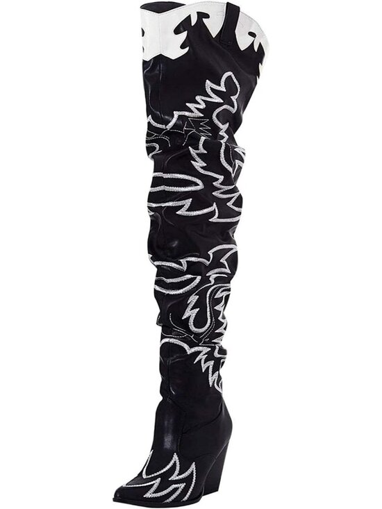 Shoes - Women's  Black White Western Chunky Heel High Slip Resistant Block Heels Boots